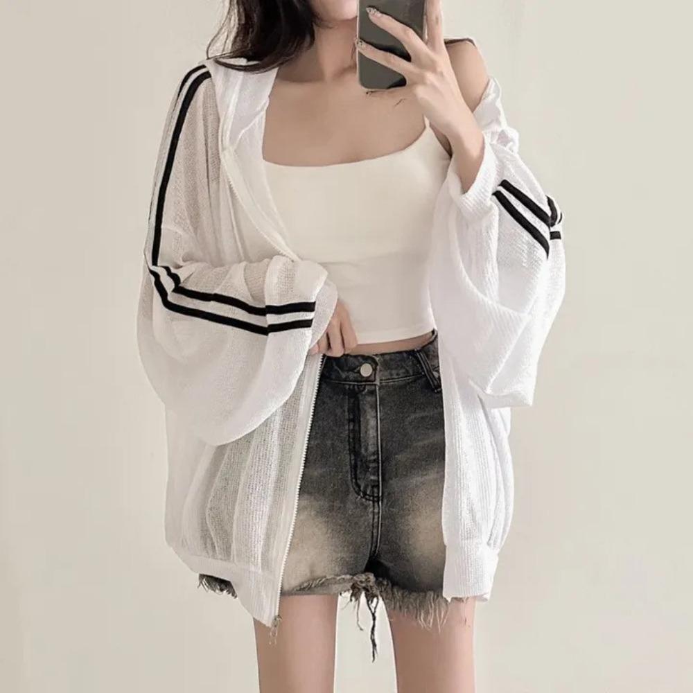 Women's Hooded Long Sleeve Zip Up Cardigan Loose Fit Casual Sheer Mesh Sun Protection Jacket Top