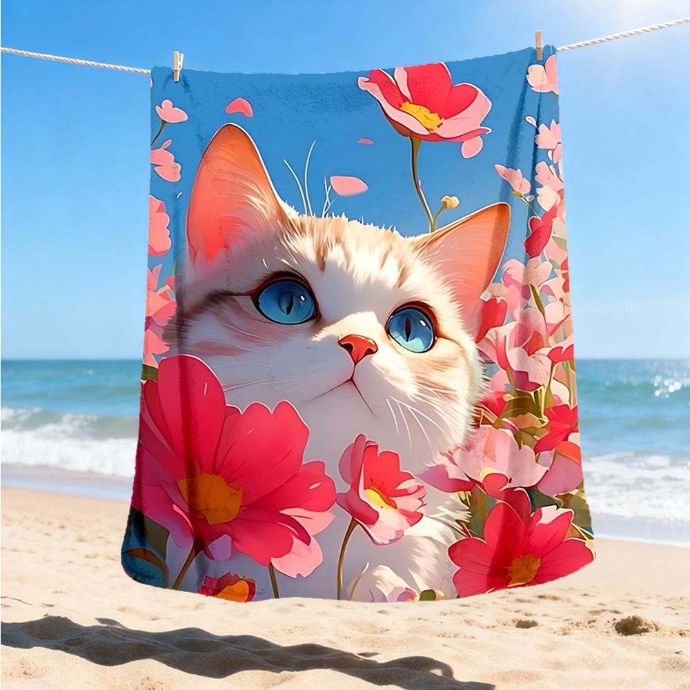 1pc Floral Cat Print Outdoor Flannel Blanket , Machine Washable Perfect Gift for Birthday , Holiday Travel Accessory , Durable Material