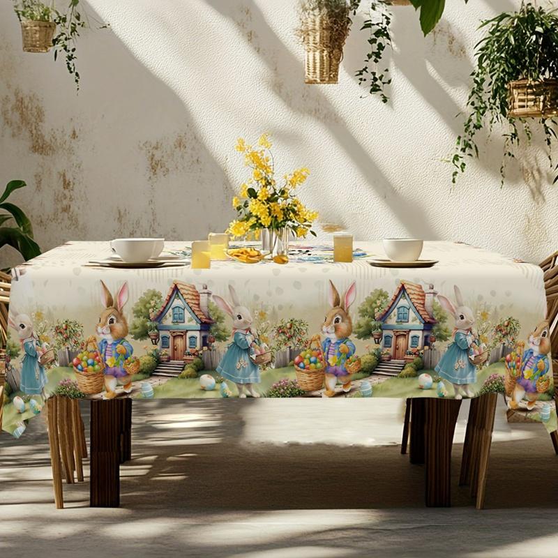 Vintage Easter Bunny Tablecloth Rabbit Eggs Table Cover Easter Decorations for Home Kitchen Spring Holiday Garden Tablecloth