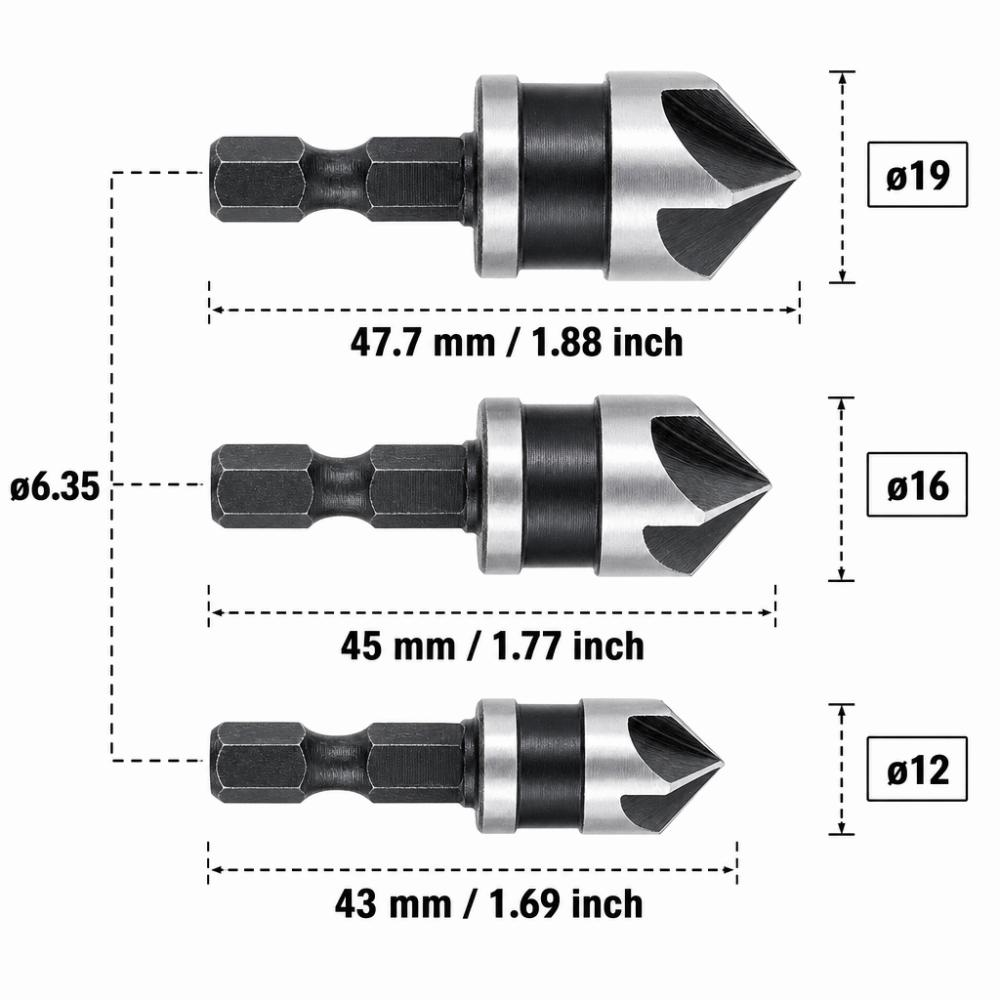 3pcs 1/4 Inch Hex Shank Countersink Bore Set 5 Flute Countersink Bits Woodworking