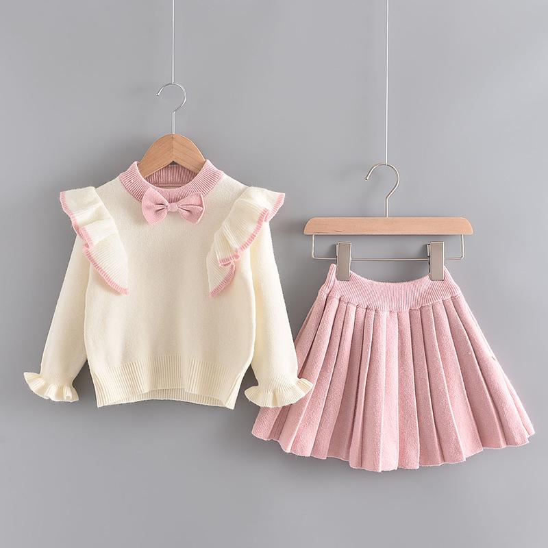 Mädchen Strickpullover & Kleid Set mit Fliegenärmeln - Koreanischer Stil, Frühling/Herbst Mode, Zweiteiler für kleine & mittlere Kinder