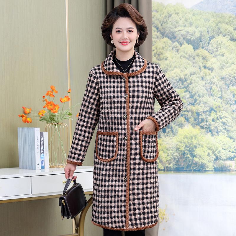 Leichter Damen-Baumwollmantel mit Samt, mittellanger/langer Stil, modische Wärme für Herbst/Winter, perfekt für Mütter mittleren Alters und ältere Mütter