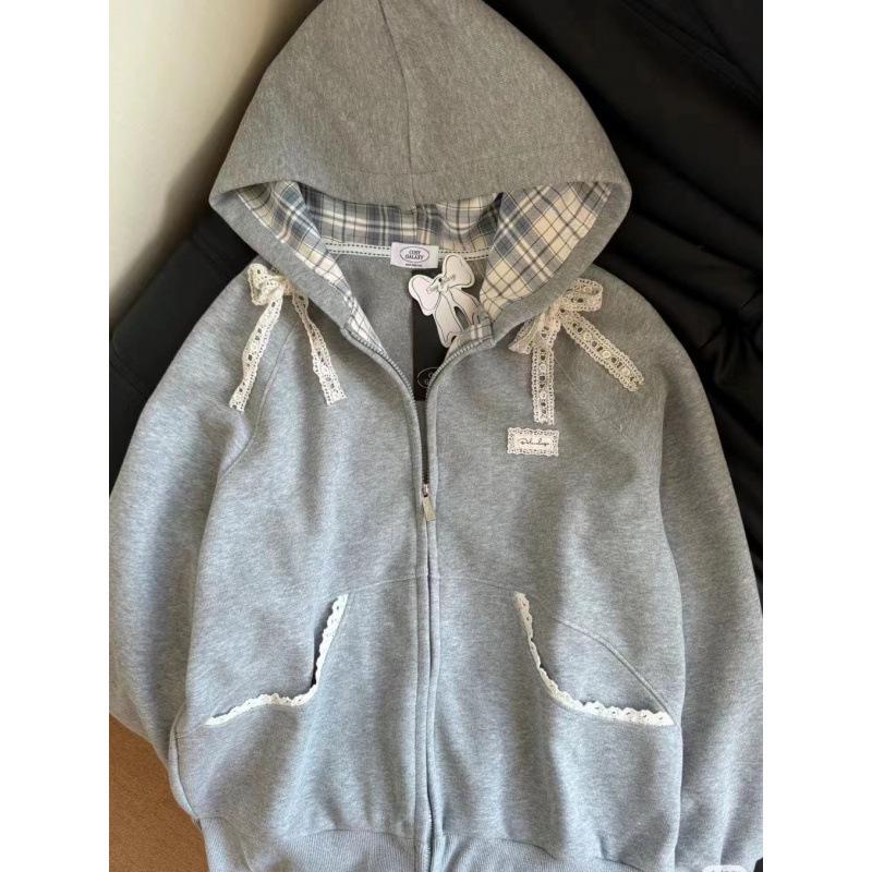 Women s Oversized Plaid Lace Hooded Sweatshirt - Retro Ballet Style Cardigan for Spring/Autumn 2024 2XL