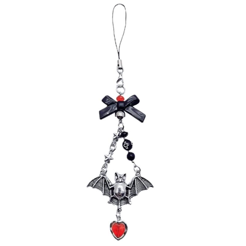 Halloween Gothic Punk Bat Phone Charm for Women Men Cross Pendant Mobile Phone Chain Y2K Bowknot Heart Lanyard Keychain