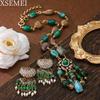 Retro Filigree Agate Glass Tassel Necklace & Pearl Rhinestone Earrings Set