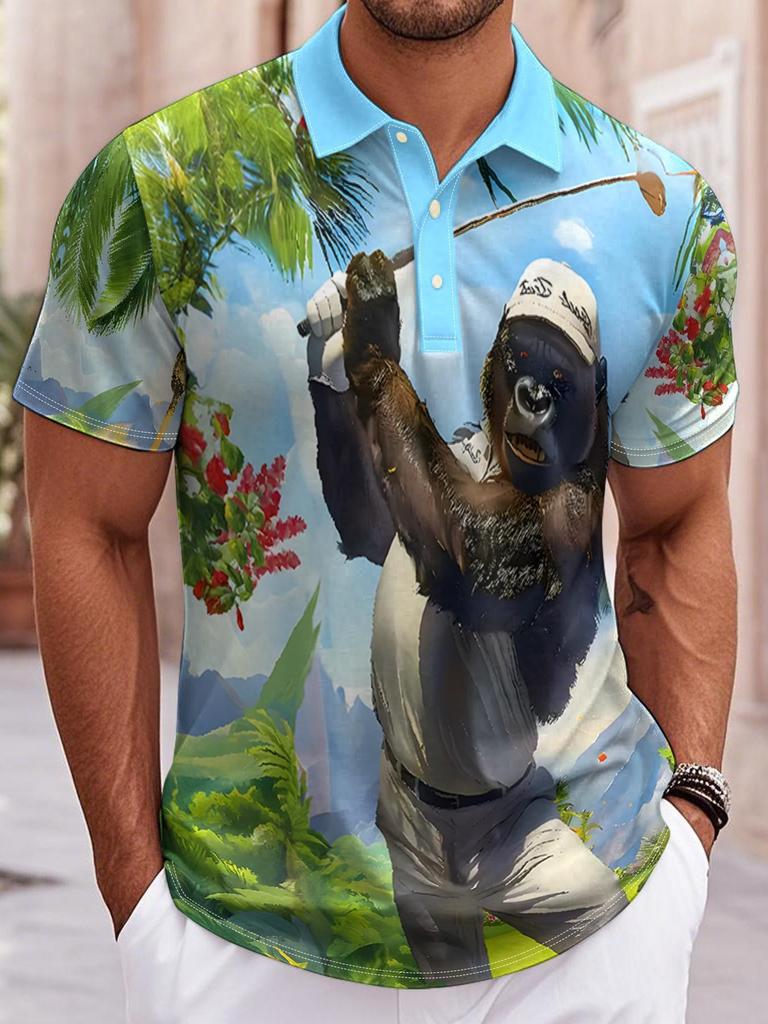Men's Fun Gorilla Golf Print Shirt - Tropical Palm Tree and Golfer Design, Breathable Short-Sleeve Sportswear, Suitable for Casual and Golf Outings,