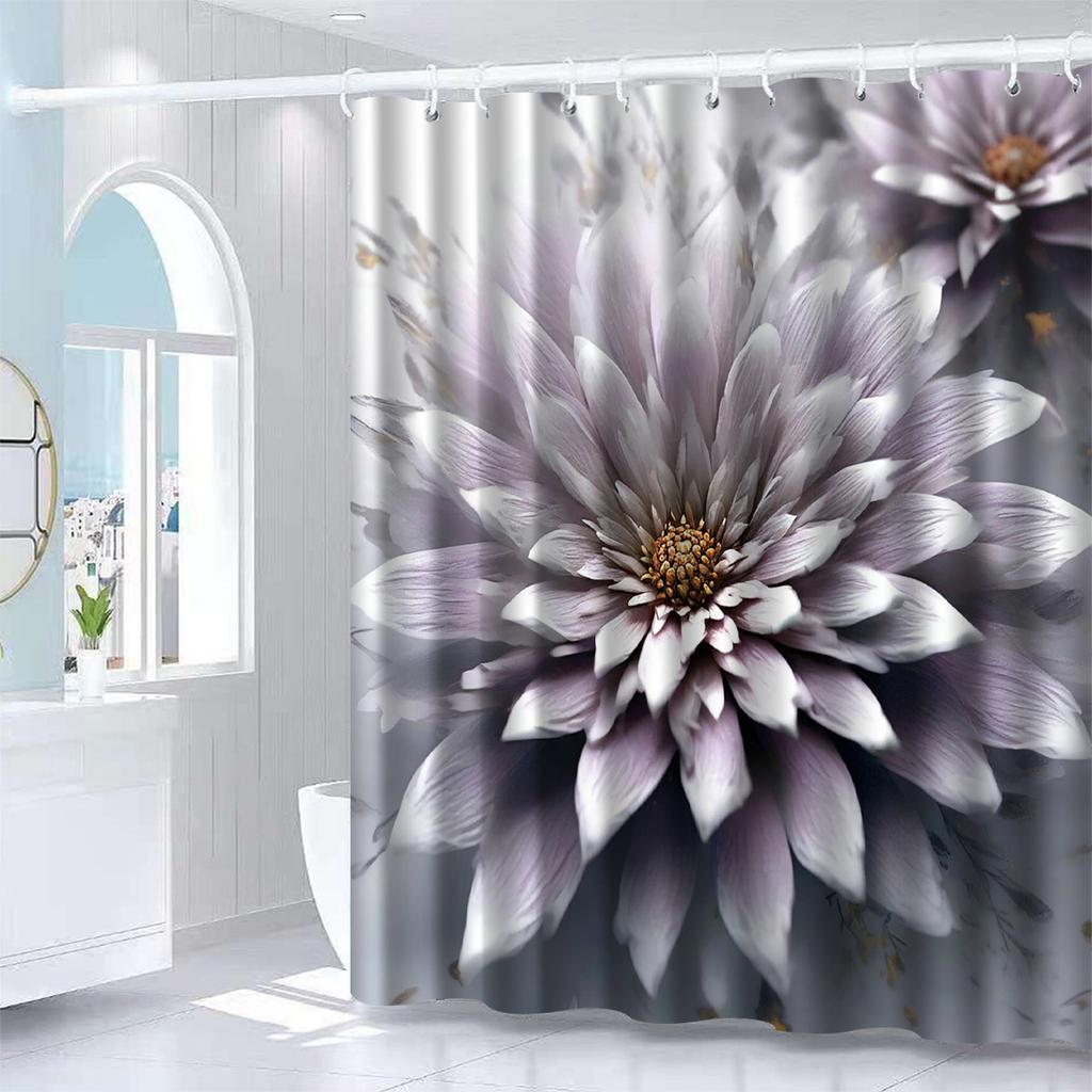 1pc White Floral Print Shower Curtain, Polyester Fabric, Machine Washable, Suitable for Bathroom Decoration