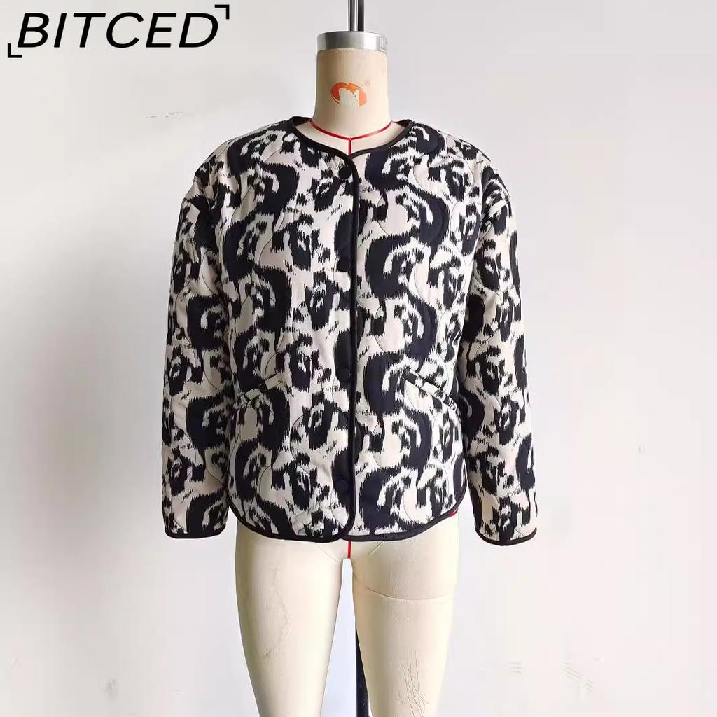 BITCED Women's Autumn/Winter Plus Size Fashion Print Quilted Cotton Jacket