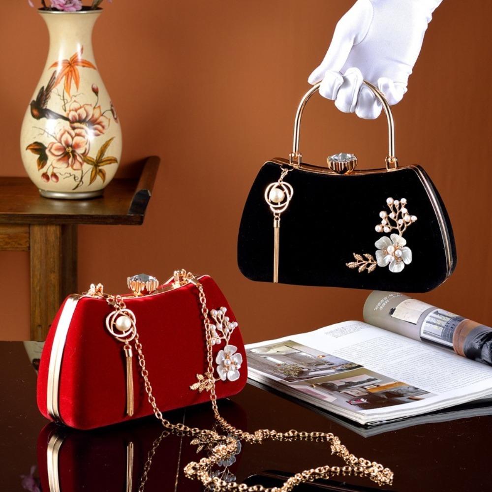Tassel Velvet Dinner Handbag Flowers Bridal Clutch Bag Fashion Evening Banquet Bag Girl