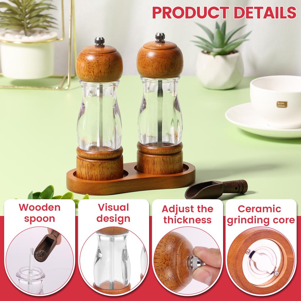 4Pcs Wood Salt and Pepper Grinder Set Abrasion Resistant Spice Grinder Coarse Fine Adjustable Salt and Pepper Mill Kitchen Tools