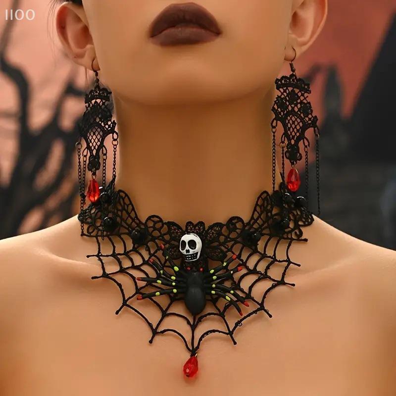 Lace Spider Web Design Necklace Earrings Set Retro Gothic Style Black Lace Choker Necklace Halloween Jewelry