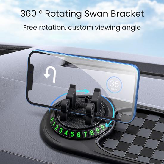 Dashboard Anti Slip Mat with Phone Holder 360-Degree Rotation Dashboard Mount Built-in Parking Number Plate Secure Phone Holder for Driving