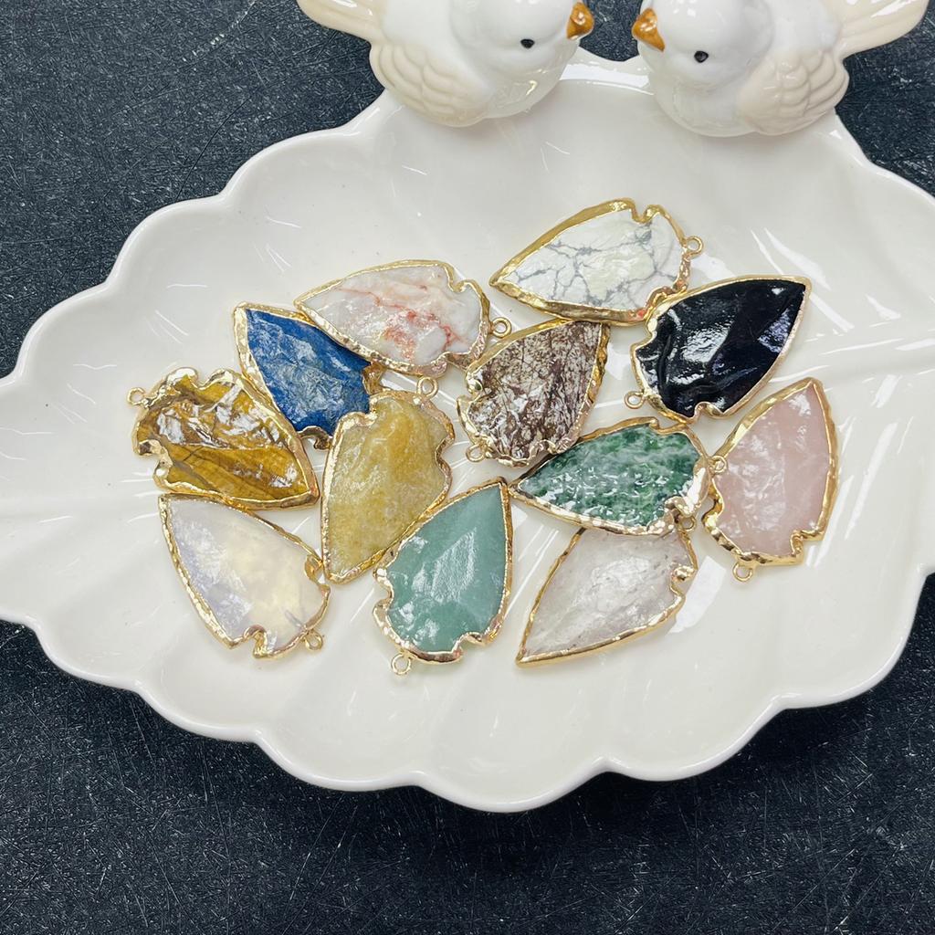 1Pc, Natural Stone Healing Crystal Arrow Pendant with Golden Edge, Boho Jewelry for Necklace Making & Daily Wear, 2026 Fashion Handmade Accessory