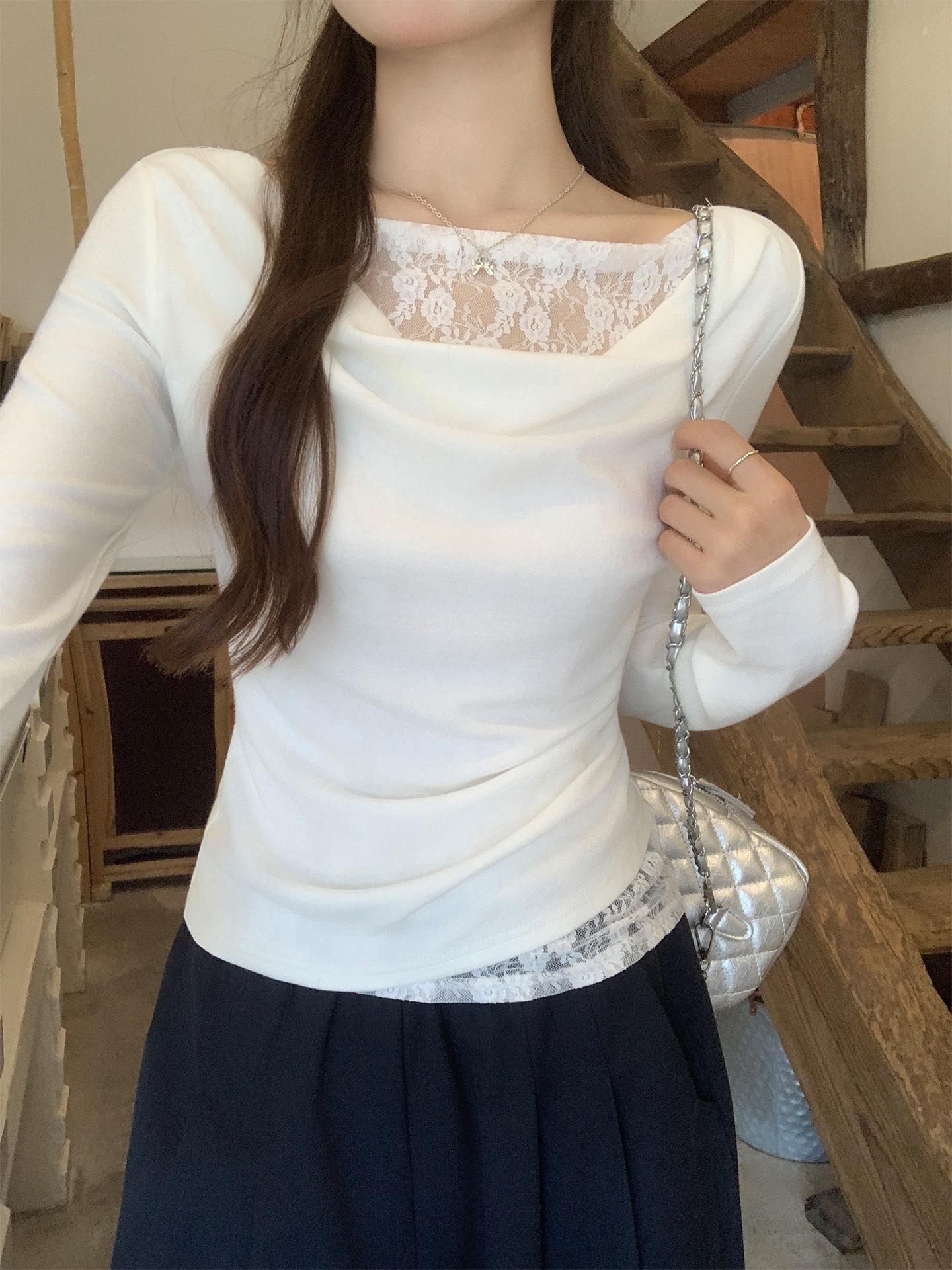 

White swinging neck lace fake two-piece long-sleeved T-shirt women s early autumn wear with bottoming shirt and slim waist top S белый
