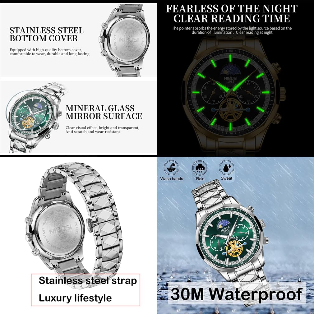 NIBOSI Business Big Designer Metal Stainless Skeleton Gift for Green Men's Wristwatch, Chronograph, Face, Brand, Stylish, Casual, Band, Steel, Analog,