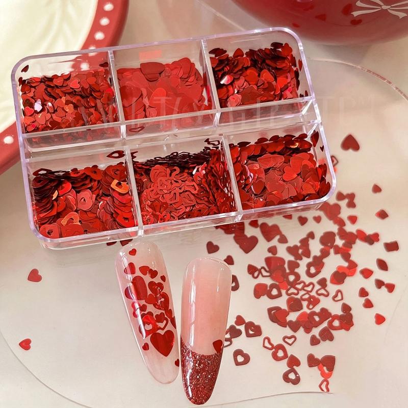 1 Set Shiny Mix Laser Nail Flakes 3D Leaf Nail Decoration 6 Grids Holographic Red Leaves Nail Glitter Sequins