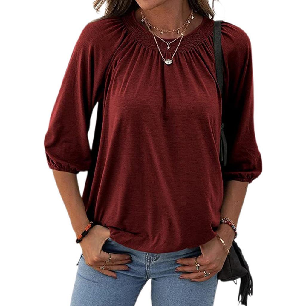 Women's Solid Color Round Neck T-Shirt Shirt Half Sleeve 3/4 Sleeve Casual Loose Pleated Basic Tops