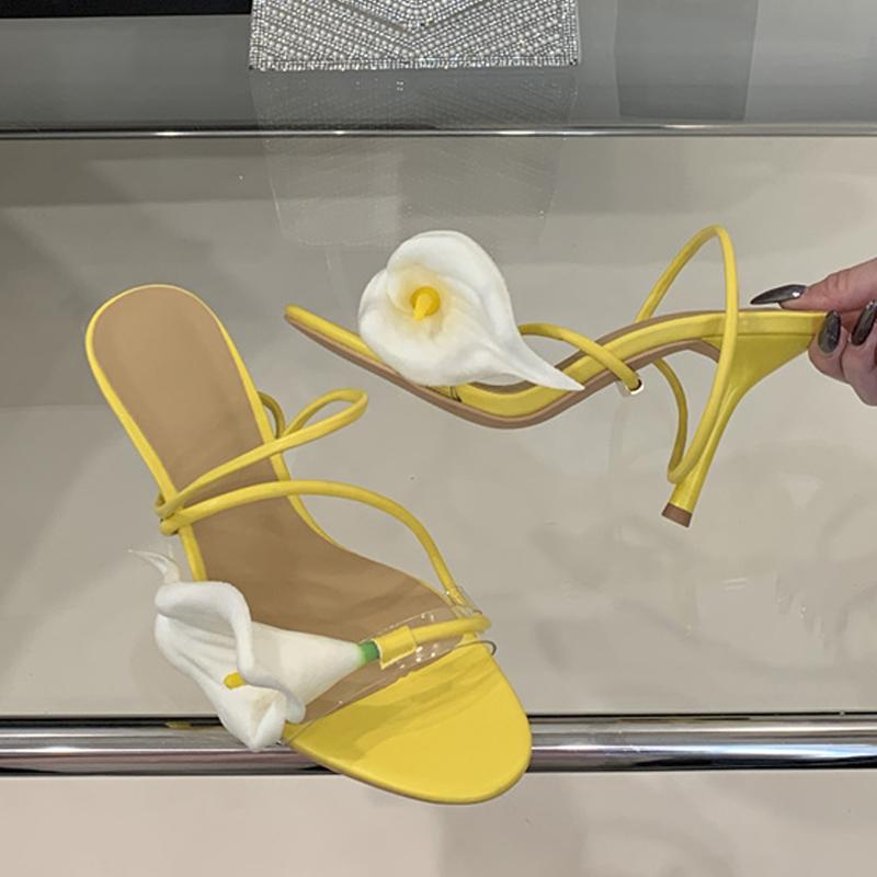 Summer Fashion Morning Glory Open Toe Slip On Back Strap Sandals Women Green High Heels Wedding Prom Shoes Zapatos Mujer