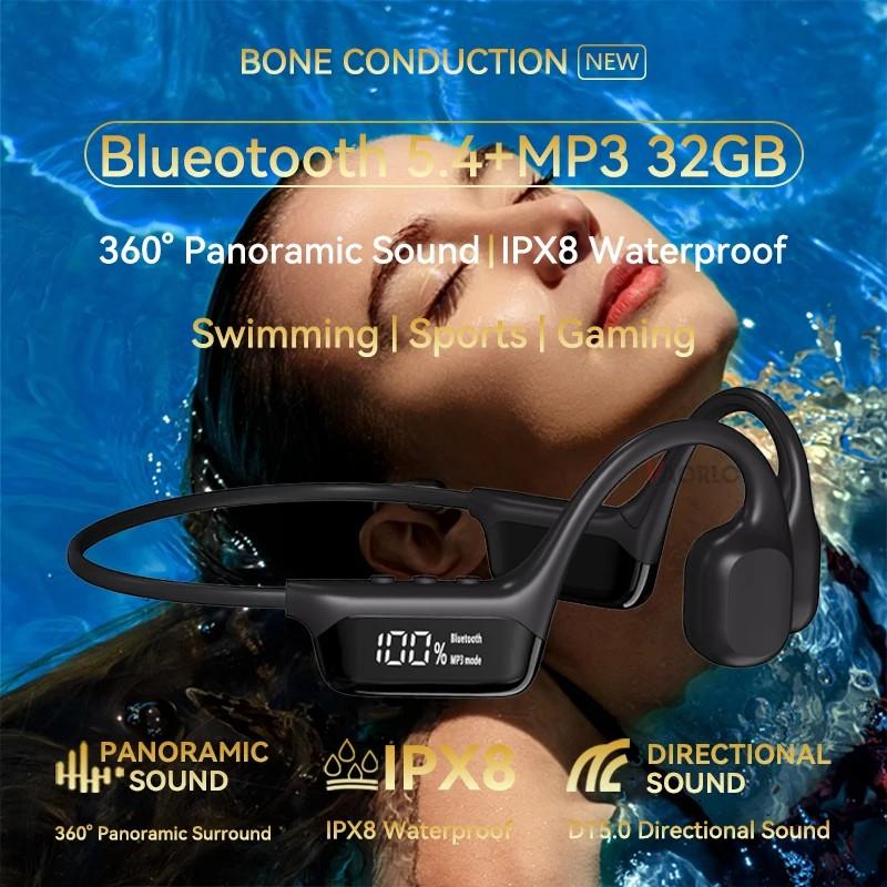 Casque à conduction osseuse Bluetooth 5.4, sans fil, étanche IPX8, pour la natation et le sport, compatible lecteur MP3 avec 32 Go de RAM