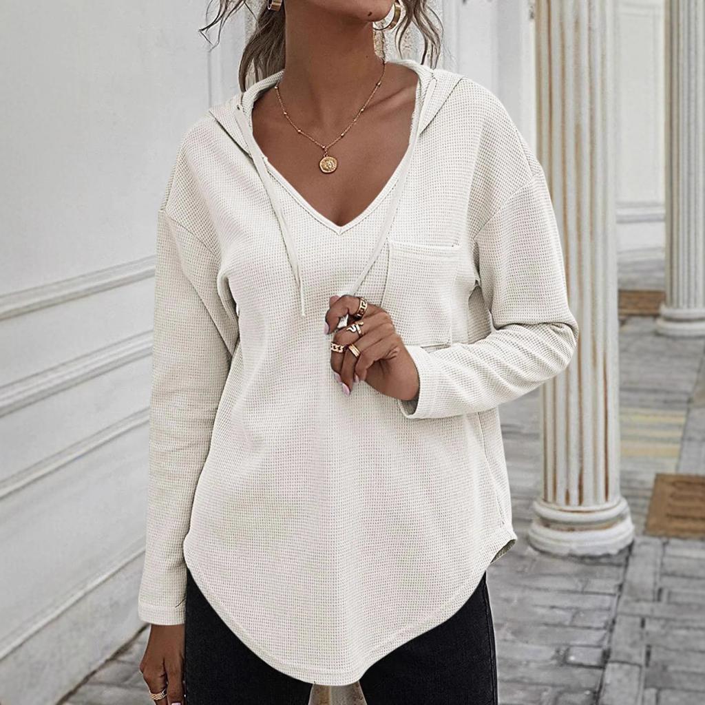 Women's V Neck Long Sleeve Hoodie Oversized Casual Pullover Waffle Knit Tunic Top