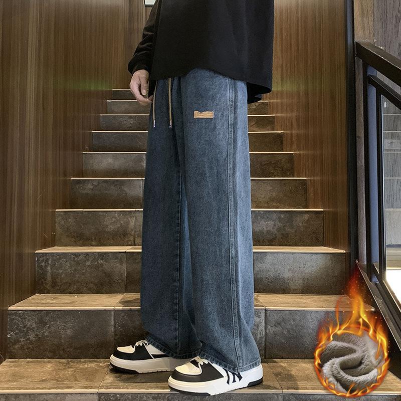 

Зимние мужские мешковатые джинсы Классические на кулиске Свободные Повседневные Прямые брюки для студентов колледжа Повседневные Универсальные Синие брюки M темно-синий
