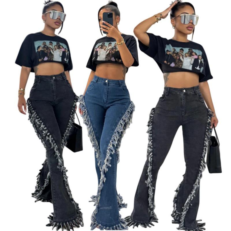 

Women s Tassel Raw Hem Slim Flare Denim Pants Large