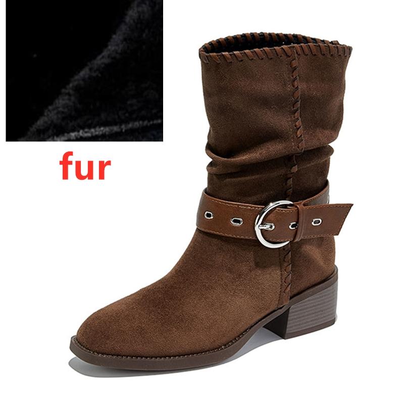 

Модные женские ботильоны AIYUQI 2025 Новые ботильоны Женские плиссированные ботинки в стиле вестерн ковбойские женские Большого размера до середины икры Байкерские ботинки 43