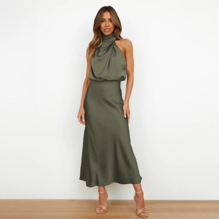 Elegant Women Summer Halter Sleeveless Long A-Line High Waist Solid Color Evening Dresses