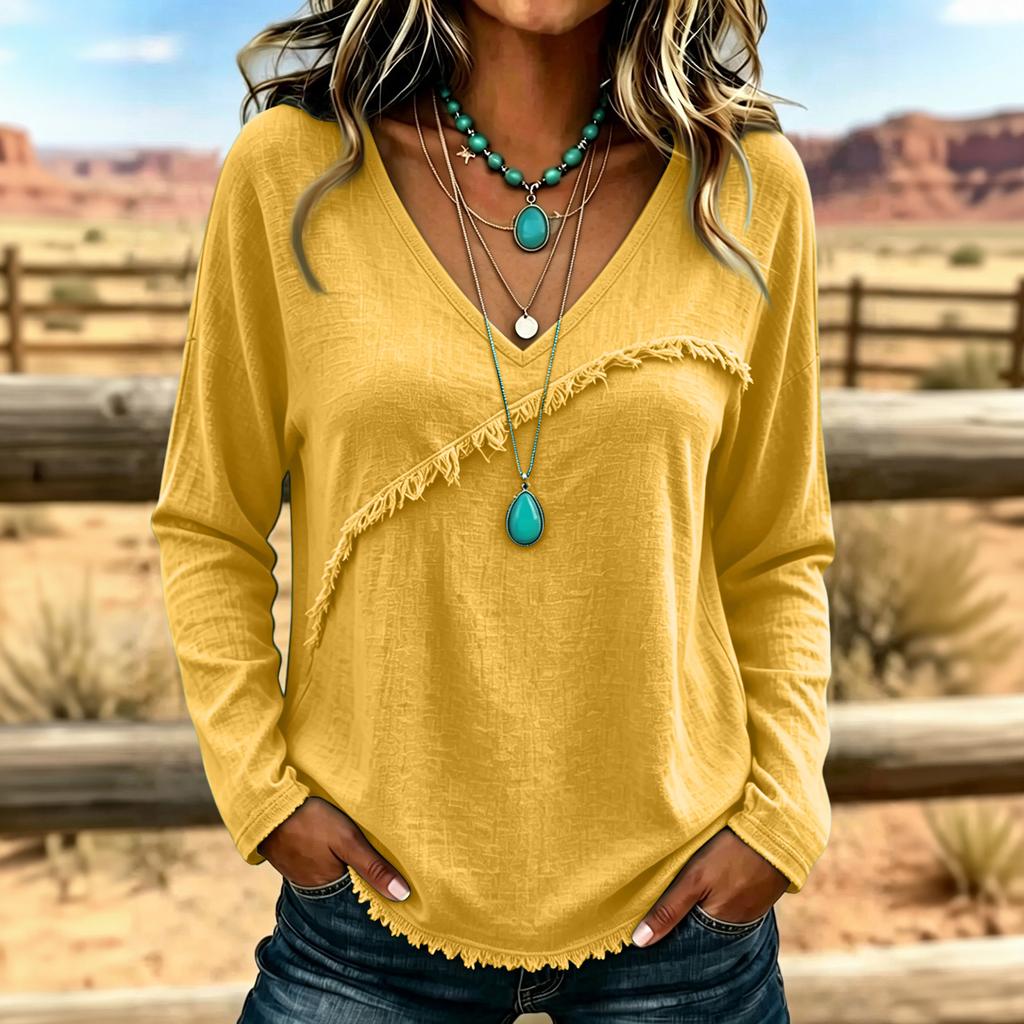Women’s Casual Long Sleeve V Neck Top with Raw Edge Hem Loose Fit Pullover Basic Blouse for Everyday Wear