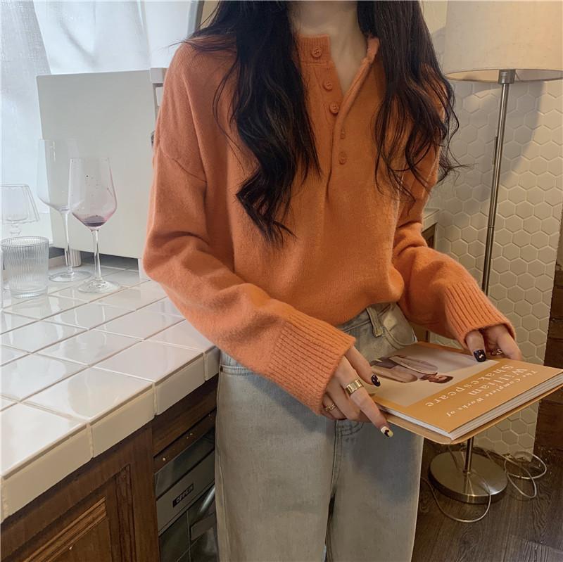 

Blue Sweater Women s Autumn and Winter Korean Version Loose Backing Pullover Versatile Long-sleeved Knitted Top One size помаранчевий