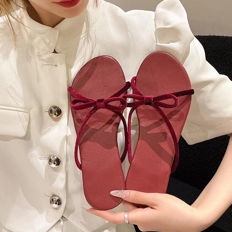 Fashion 2024 New Fashion Luxurious Velvet Bow Slippers Women's Sweet Velvet Flip Flop Women's Casual Outdoor Thin Strap Sandals Zapatos