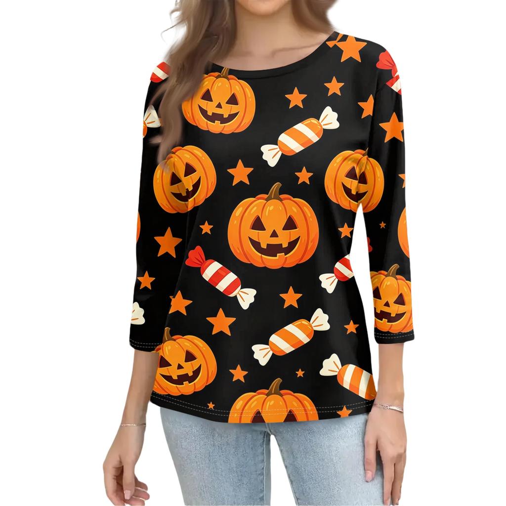 Women's Casual Halloween Print 3/4 Sleeve Round Neck Top Lightweight Soft Fabric Pullover Shirt for Everyday Wear