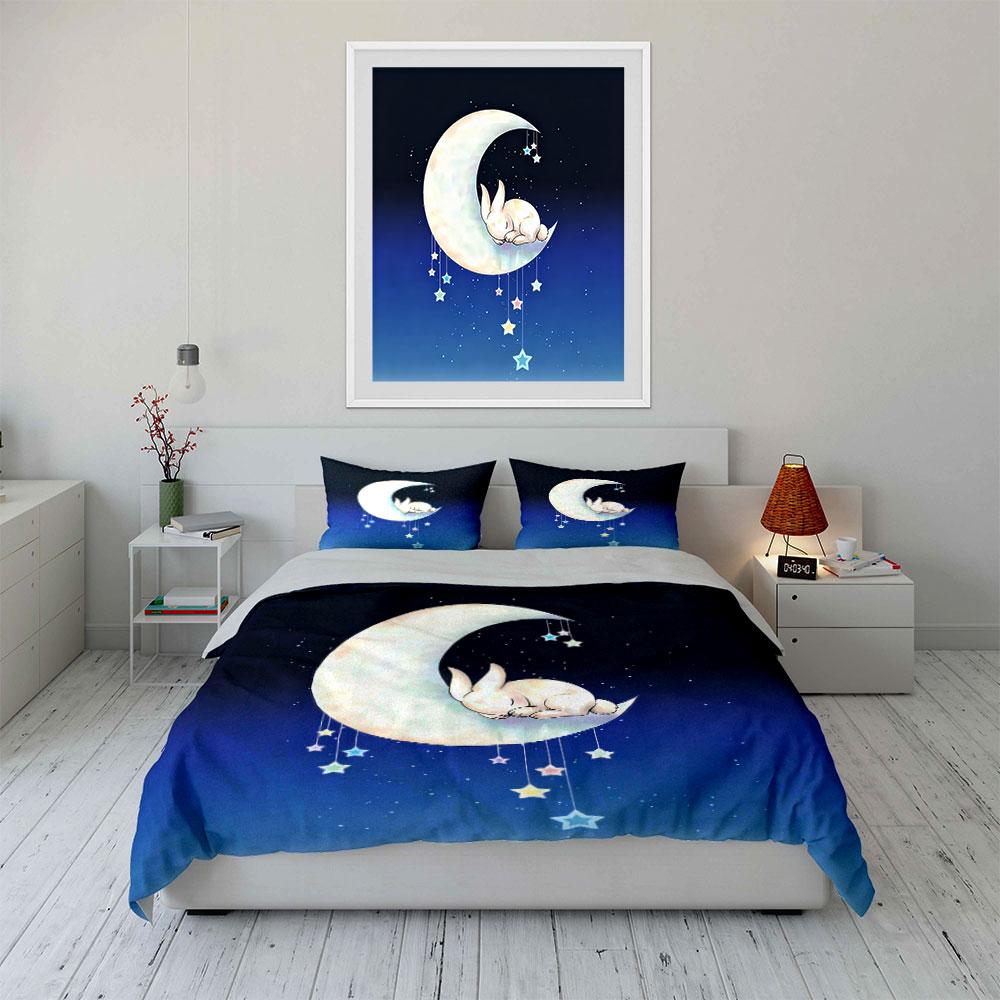 Sleeping Bunny Moon Decor Set Soft Comfortable Duvet Cover Bedding Set Included 1*Duvet Cover & 2*Pillowcases, Gift