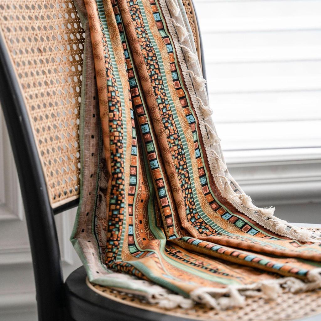 Yiman Qiyun Bohemian Striped Yellow Cotton-Linen Kitchen Curtain, Semi-Light-Blocking