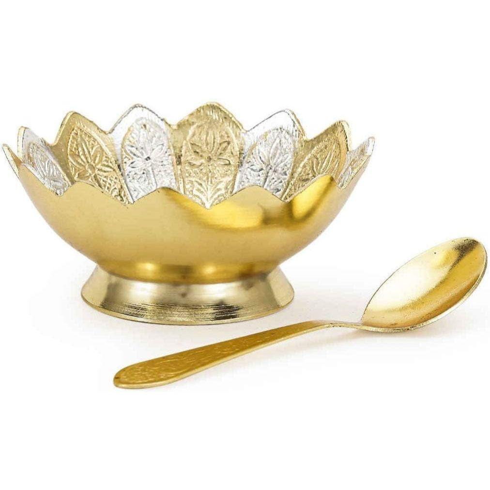 R Ayurveda Copper Silver And Gold Plated Metal Bowl Set With Spoon In Floral Pattern