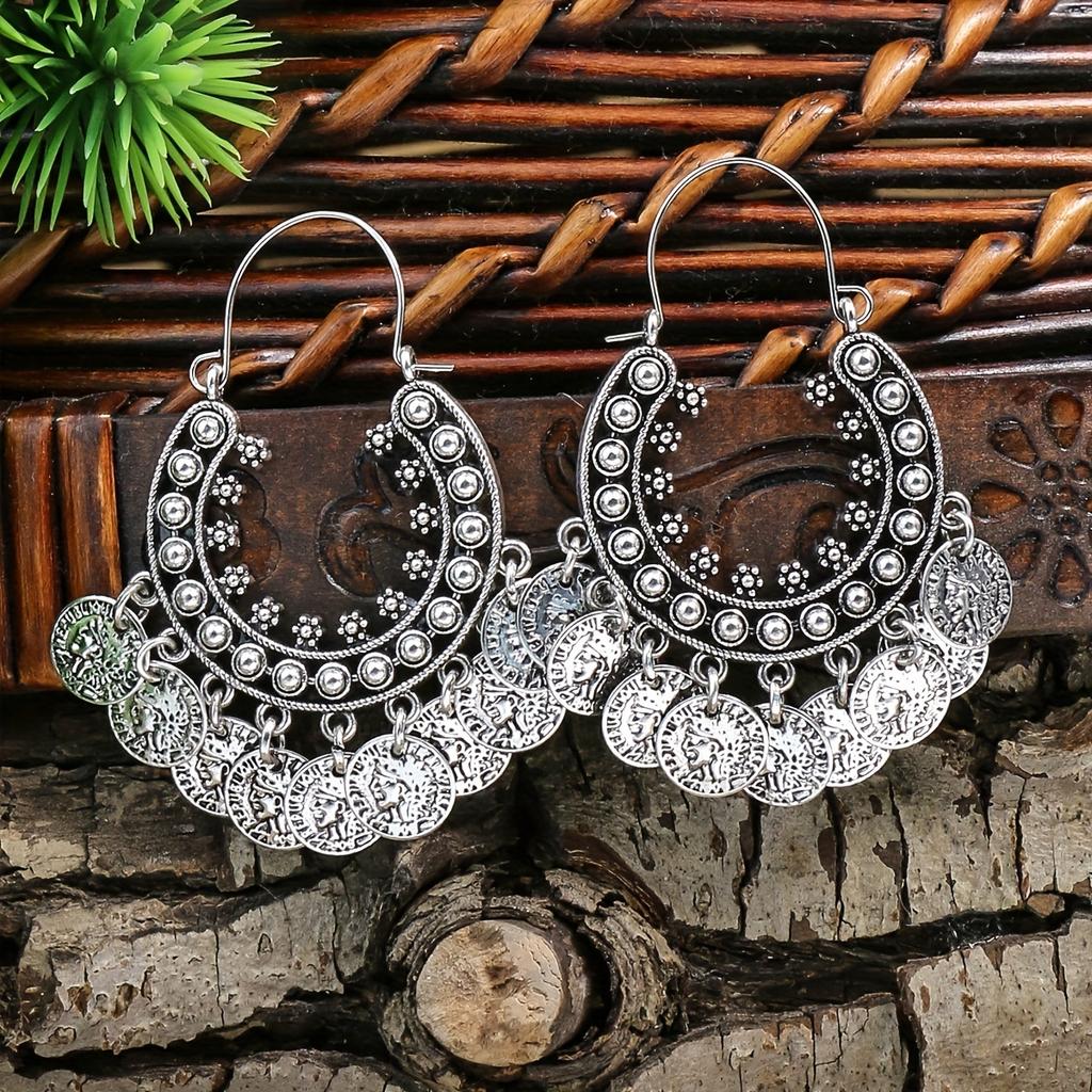 Boucles d'oreilles ethniques rétro pour femmes, crochets d'oreilles en forme de U, petits disques géométriques en alliage de zinc, boucles d'oreilles à pampilles pour toutes les saisons