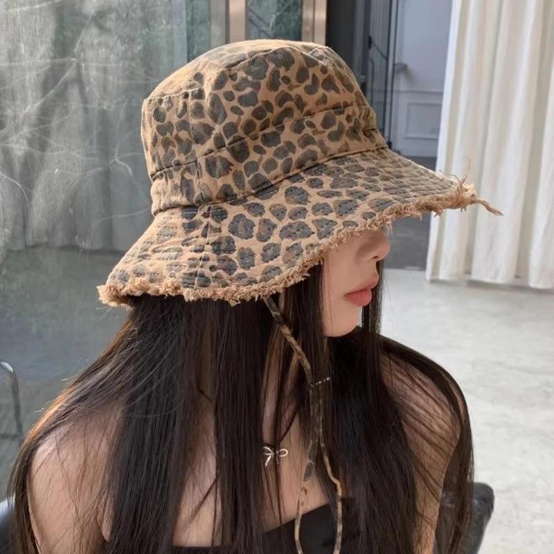 Herbst Damen Leopardenmuster Fischerhut Ins Punk Stil Spicy Girl Eimerhut Großer Schirm Outdoor Reise Strand Sonnenhut