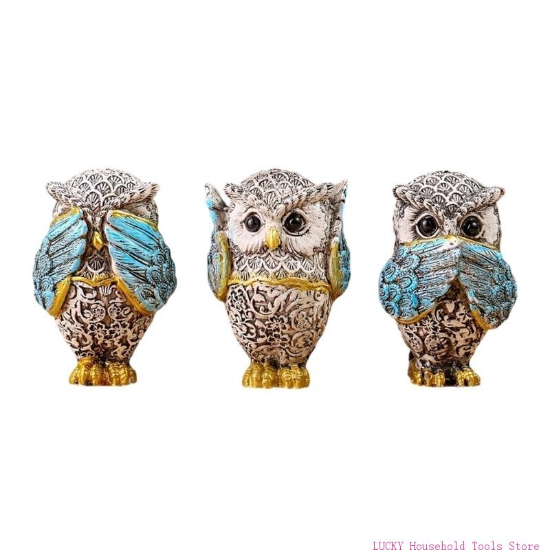 

J0MC Owl Decorations 3Pieces Hear No See No Speak No Animal Figures Resins Sculptures for Living Room Bedroom and Office синій