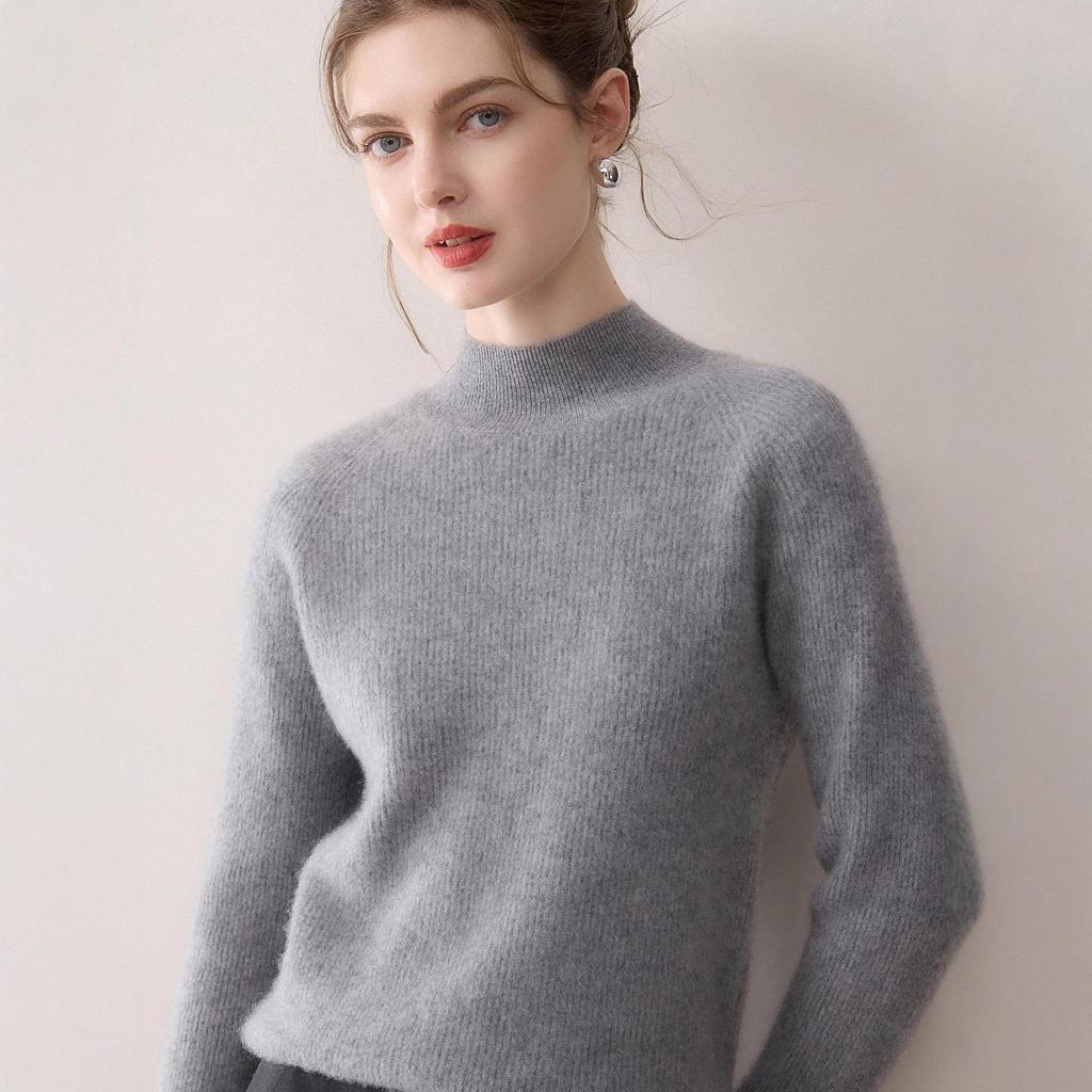 Women's Cashmere Knit Top, Half-High Neck, Loose Fit, Slimming, Thick Sweater for Autumn/Winter