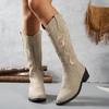 Cowboy Print Knee High Boots Women High Heels Shoes 2025 Trend Designer Chunky Zipper Chelsea Boots Casual Pumps Mujer Botas