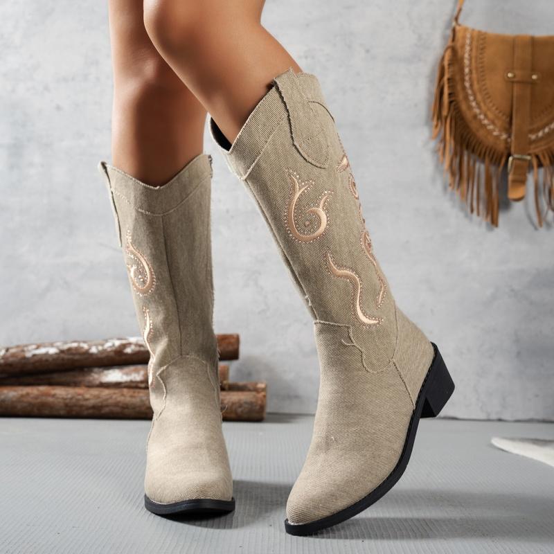 Cowboy Print Knee High Boots Women High Heels Shoes 2025 Trend Designer Chunky Zipper Chelsea Boots Casual Pumps Mujer Botas