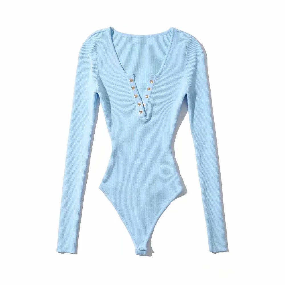 

Women s Long-Sleeve V-Neck Button-Up Bodysuit - Slim Fit, Solid Color Thai-European Style L (100-115 jin)