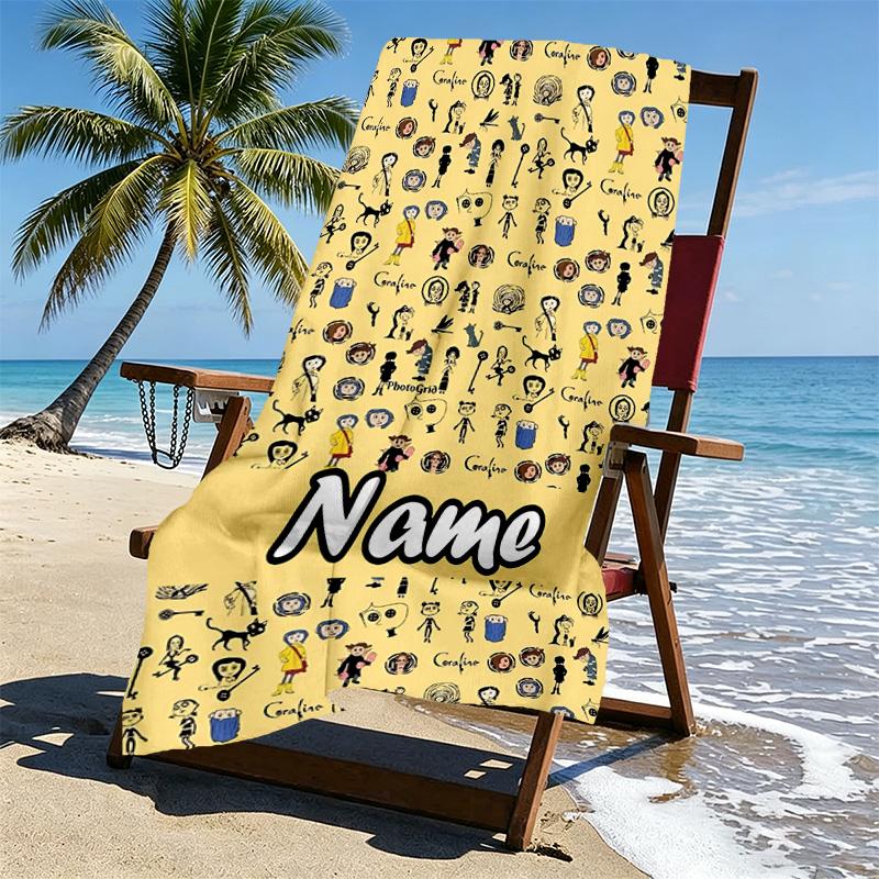 Custom Name Personalized Coraline Print Beach Towel, for Trip Camping Beach Party Home Decor, Birthday Gift for Family & Friends