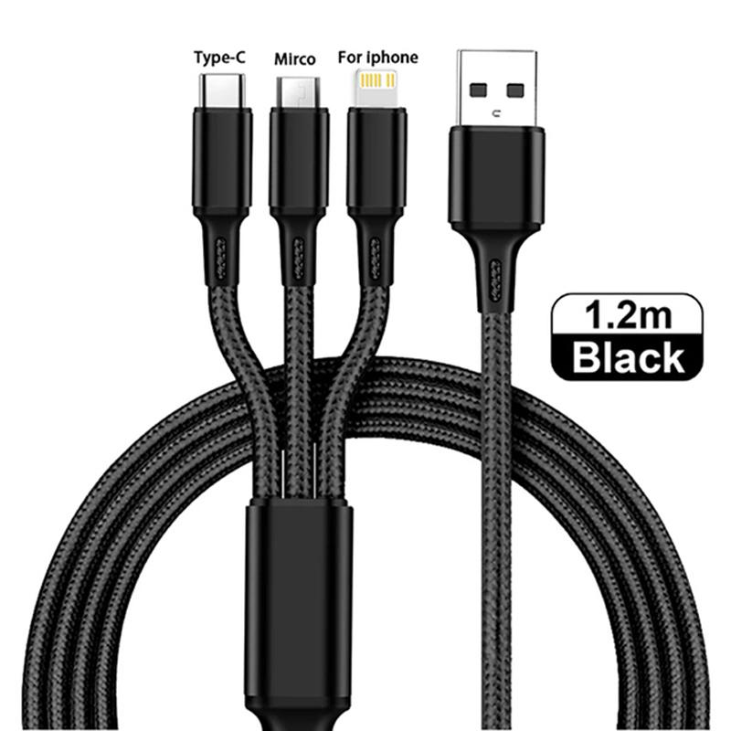 

3 In 1 USB Charger Fast Charging Cable Type C Micro IOS Multi Charger Cable for iPhone Huawei Samsung Nylon Braided Cord 1.2m чорний