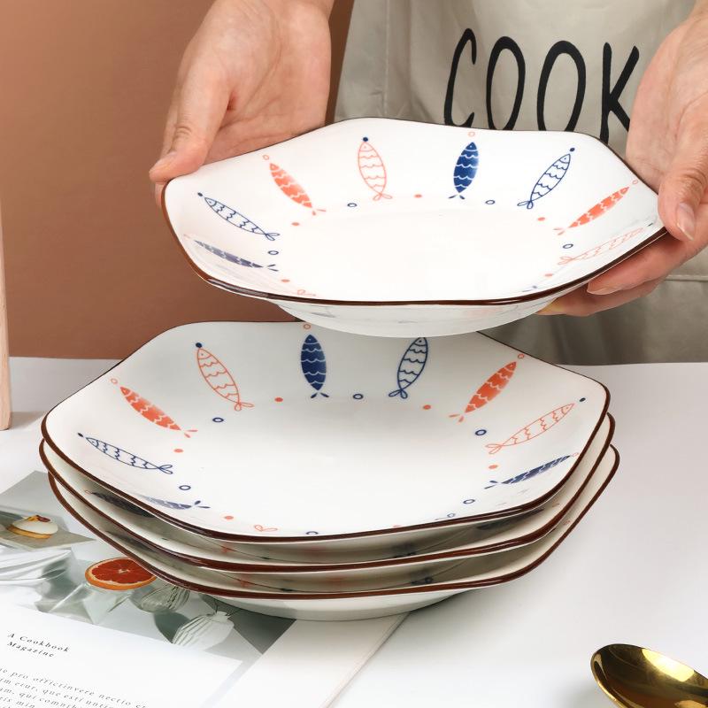 Mengyuan 4-Piece 8.5-Inch Hexagonal Porcelain Plate Set – Creative Underglaze Color Dishware.