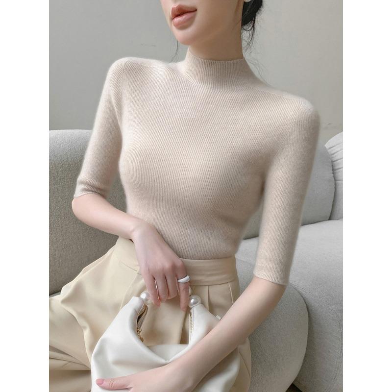 

Женская базовая рубашка с рукавом три четверти, полуворотником, облегающего кроя, на весну и осень, под пиджак, новый вязаный свитер, топ с рукавом три четверти M