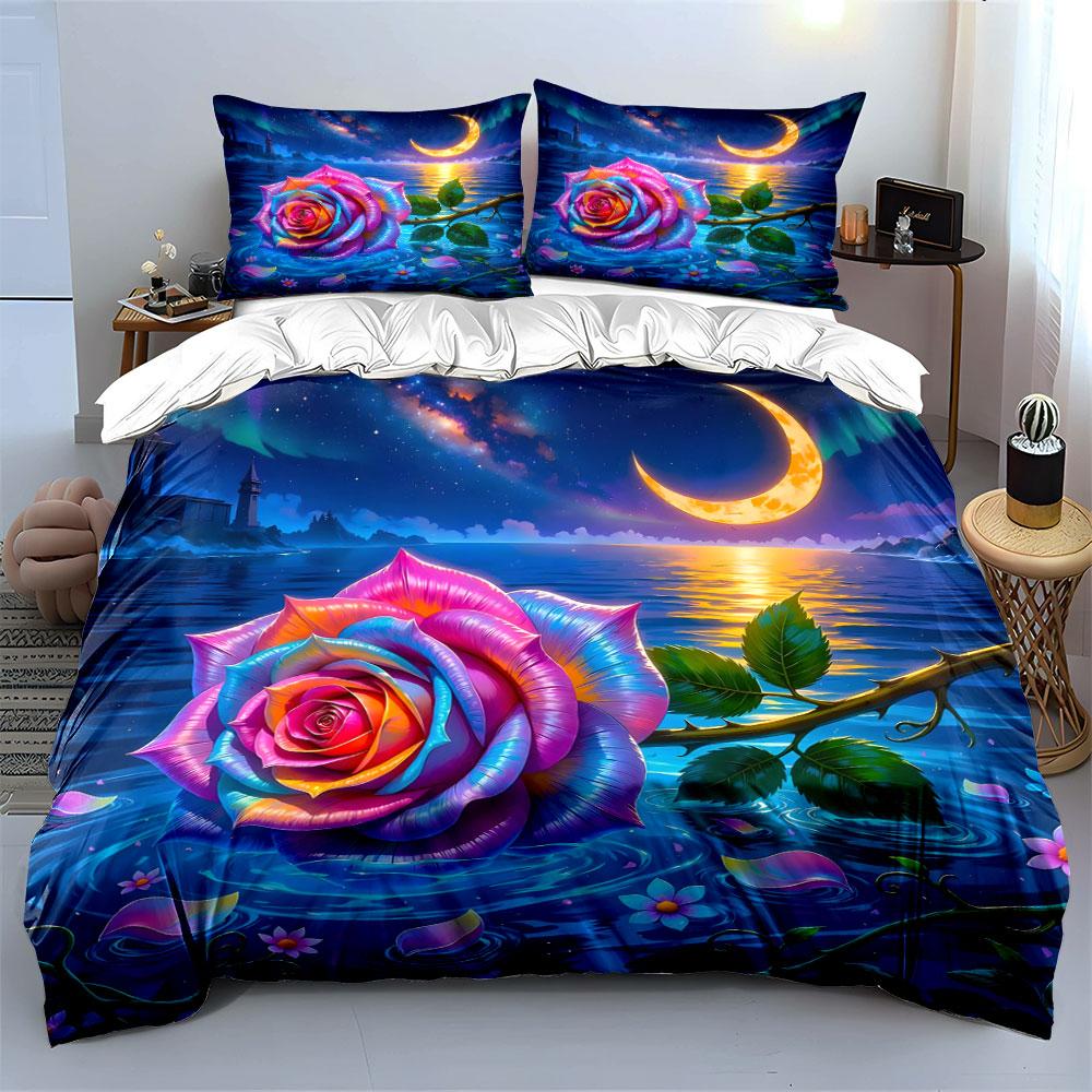 Colorful Rose, Night Sky. Print Bedding Set 1 Duvet Cover 2 Pillowcases For Adult And Children Luxury Gift Full Size