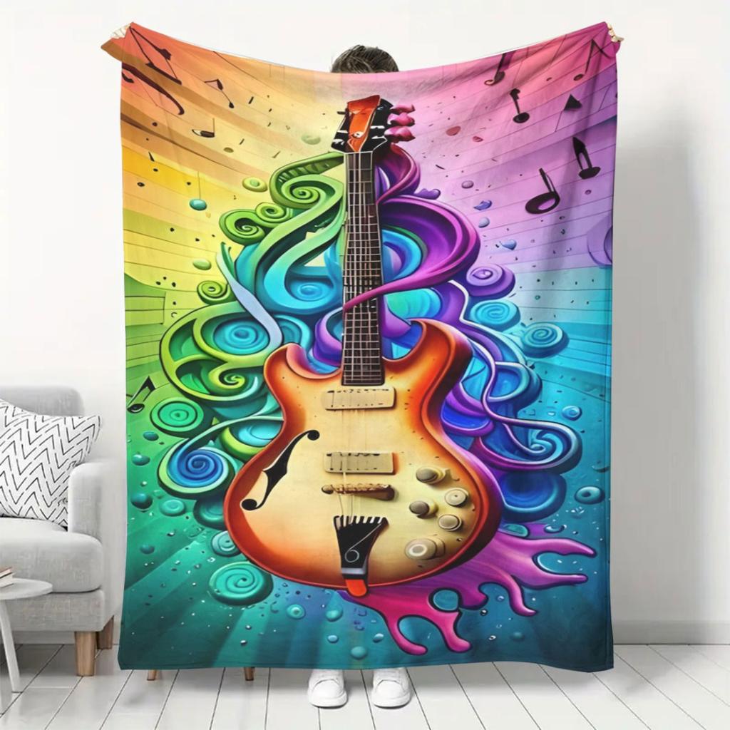 Vibrant Guitar Blanket -Soft Cozy Throw with Colorful Swirls and Music Notes,Perfect for Home Decor,Unique Gift for Music Lovers