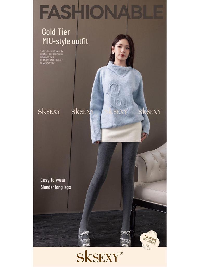 SK553 Women's Gray Slimming Fleece-Lined Stripe Pantyhose - Warm Autumn/Winter Style