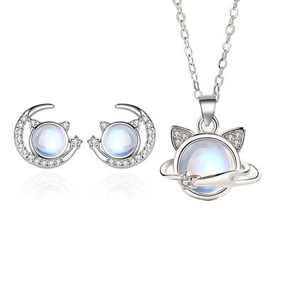 Statement Cat Ear Stud Necklace Suit Women's Cute Sweet High-Grade Clavicle Chain Moon Cat Earrings